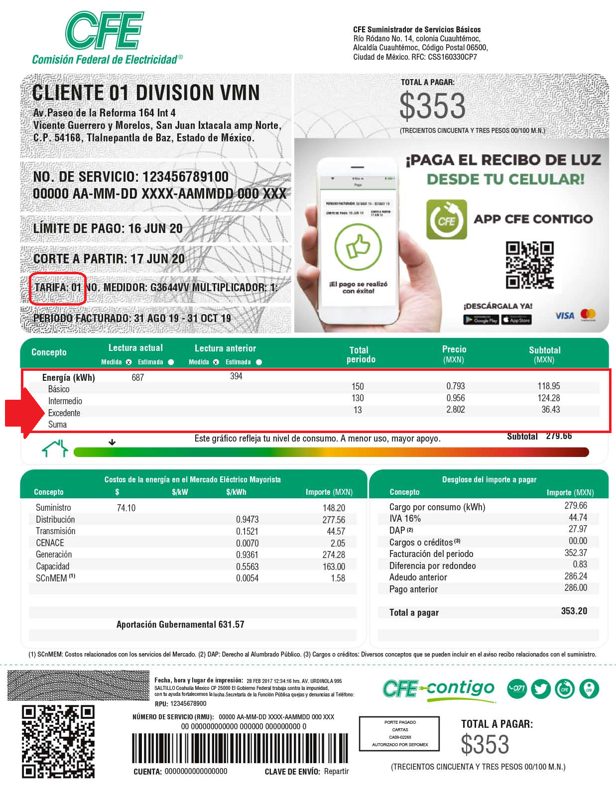 Ejemplo recibo CFE — campo Excedente resaltado